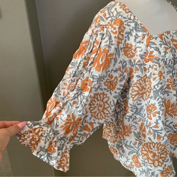 Rachel Zoe Button Down Linen Blend Blouse orange Rust Grey White - Picture 4 of 11